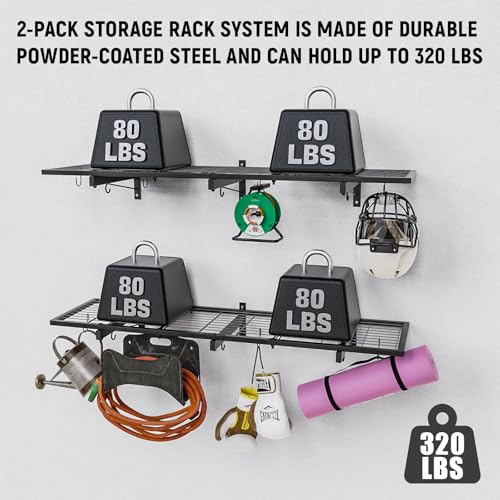 Image of 2 Pack Garage Wall Shelves, 46 inchX 12.5 inch Garage Shelving Wall Mounted, Heavy Duty Shelf Organizer with 8 Hooks, Black Floating Storage Metal Rack 320 LBS Capacity for Laundry Room, Office, Basement