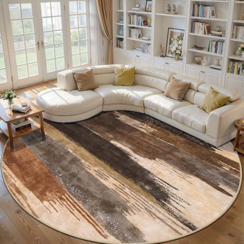 Ciicool 8ft Round Rugs for Living Room, Modern Abstract Washable Rug Brown