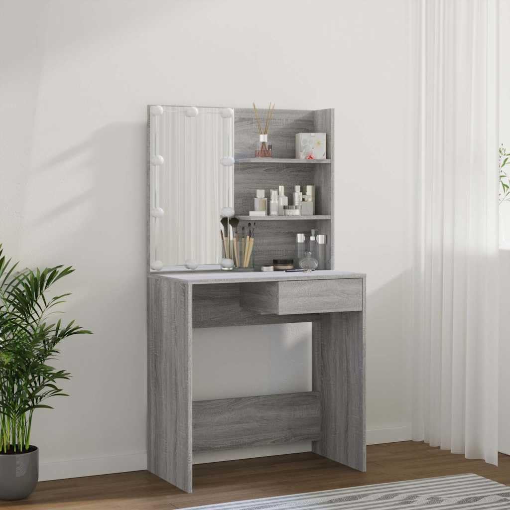 Tocador con iluminación LED gris Sonoma 74,5 x 40 x 141 cm con espejo cajón y estante, espacio de almacenamiento para dormitorio, habitación juvenil o niña