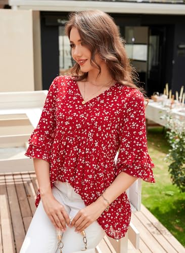 Bulotus Womens Tops Dressy Casual 3/4 Ruffle Sleeve Chiffon Fall Blouses Business Casual Flowy V Neck Shirts3