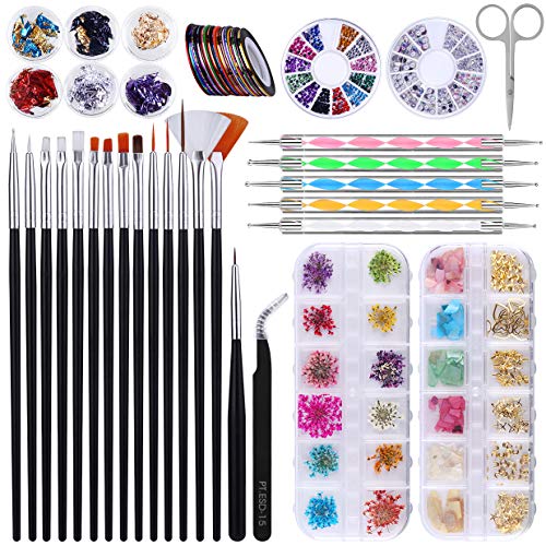 62 Stück Nagel Kunst Design Set, Nail Art Pinsel Set, Punktierung Stift, Streifenband, Nailart Goldfolie, Nagel…