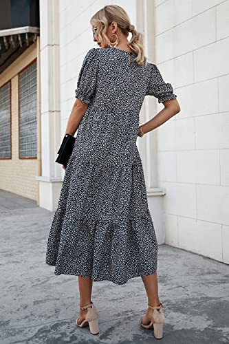 Prettygarden Women's Summer Casual Boho Dress Floral Print Ruffle Puff Sleeve High Waist Midi Beach Dresses (Black/White,Medium) #TOP3