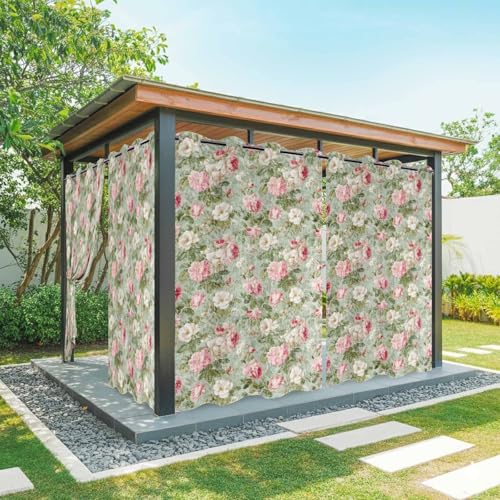 White Pink Flower Outdoor Curtains for Patio Waterproof, Grommet Outdoor