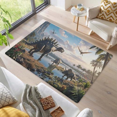 LOMDEM Alfombra Habitación Infantil, Dinosaurio De Jungla Lagos 3D Alfombra para Dormitorio Niño, Sala De Juegos, Sala De Estar, Alfombras De Baño Franela Suave Antideslizante (Color 2,80x120 cm)