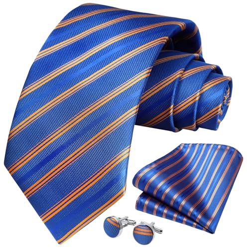 Image of HISDERN Mens Ties Set Stripe Plaid Ties for Men and Pocket Square Cufflinks Formal Silk Necktie Wedding Business