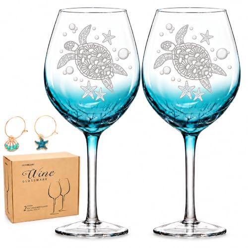 Hand Blown Turtle Wine Glasses Crackle Teal, Set of 2, 22oz Burgundy Glass | Stemmed Lead-free Glassware for Red & White Wine. Gifts for Turtle Lovers, Mother's Day, Anniversary, Wedding & Birthday