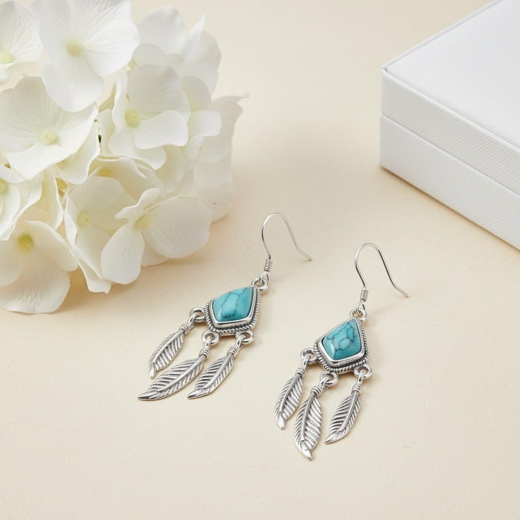 Orecchini pendenti da donna in argento Sterling 925 con piume turchesi, stile bohémien, vintage, con gancio, gioielli occidentali da donna