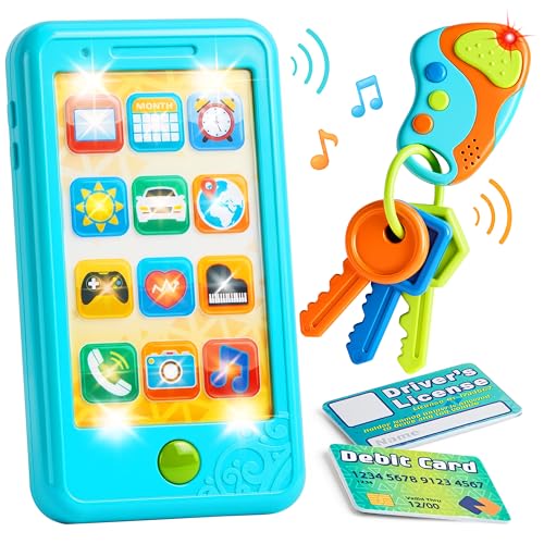 Image of Pretend Toddler Phone, Learning Toy Phone Set (4-in-1),Kids Cellphone, Keyfob Key Toy, Driver's License, and Debit Card, Car Sounds,Phrases and Music,Girls Boys Birthday Gifts for Kids 1-3,Baby Blue