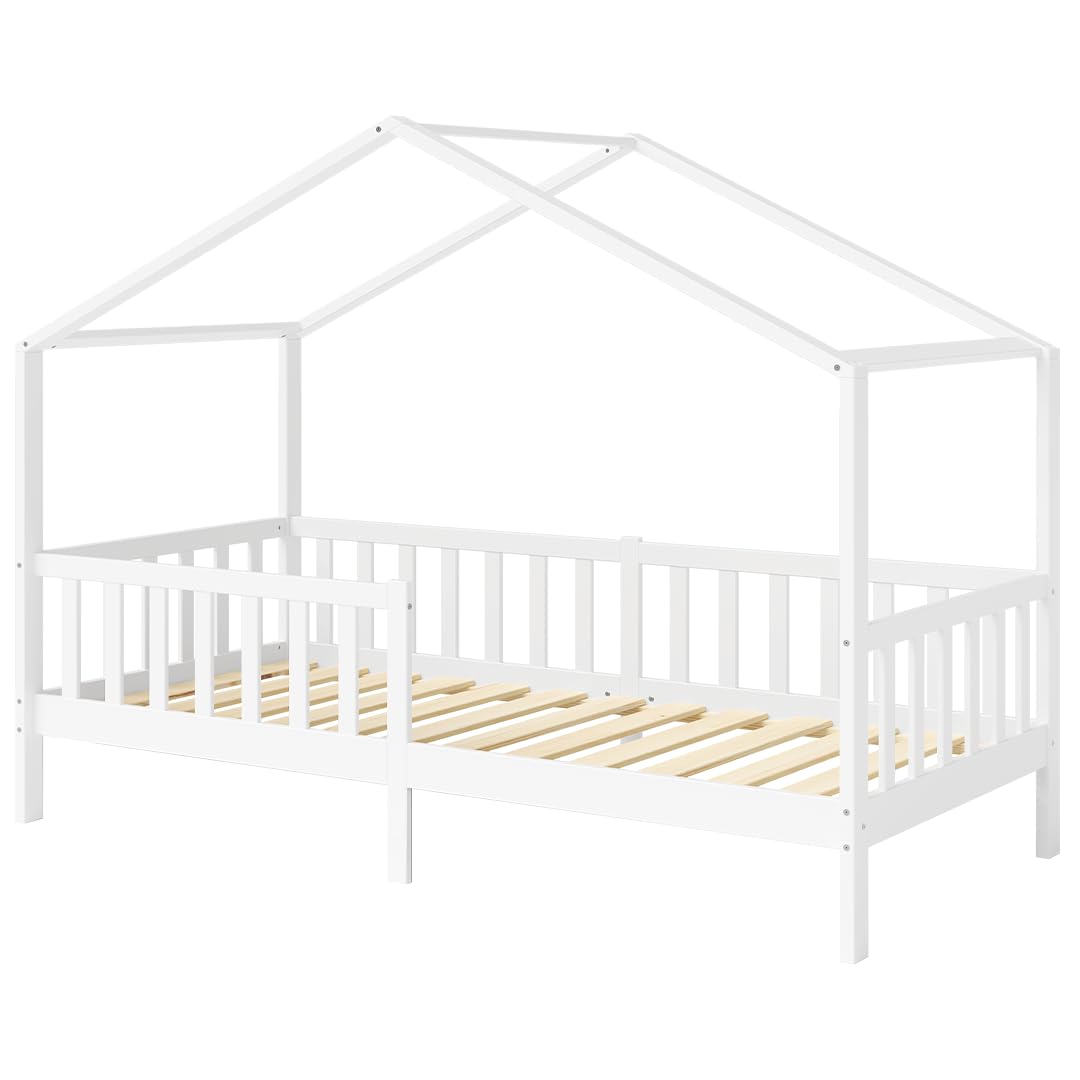 Bellabino Bia Kinderbett 90x200 cm – Hausbett mit Rausfallschutz & Lattenrost – Montessori Kinder Bett aus Massivholz Kiefer – Kinderhausbett für Jungen und Mädchen in Weiß