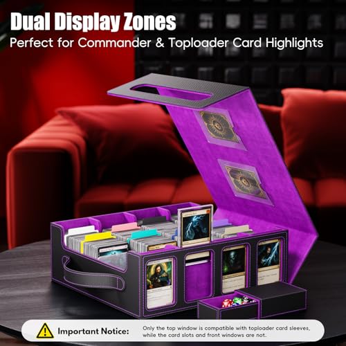 Image of Trading Card Storage Box - 3500+ Magnetic MTG Deck Box with Handle,Commander & Toploader Display, Dice Box,4 Dividers & 30 Color Labels-Fits for TCG,MTG,Yu-Gi-Oh and Sport cards(Black /Purple)