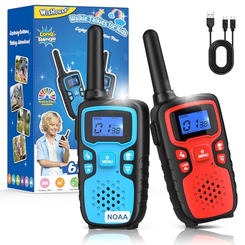 Image of Walkie Talkies for Kids Rechargeable Long Range,Xmas Birthday Gift for 4 5 6 7 8 9 Year Old Boys Girls,Hiking Gear Camping Games Cool Toys with NOAA,SOS Siren,Lamp,Lanyards,Easy to Use,2 Pack