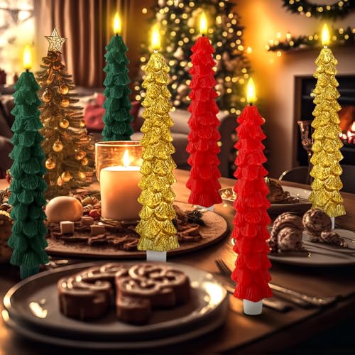 Image of Funtery 6 Pcs LED Christmas Tree Flameless Taper Candles Real Wax Battery Operated Candlestick Lights with 3D Flame and Remote Timer Window Fireplace(Red Green Gold,Christmas Tree)
