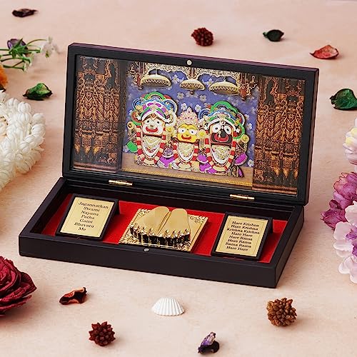 Image of 24K Gold Plated Religious Frame Rectangular Photo Frame Tabletop with Charan Paduka Return Gifts for Home Puja Office (JAGANNATH JI), 8.25 x 4.5 Inch