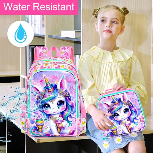Image of AGSDON 3PCS Unicorn Backpack for Girls, 16 inch Kids Backpacks for Girl Water Resistant Preschool, Elementary Bookbag with Lunch Box