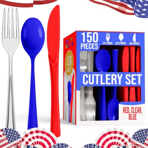 Party Solids Patriotic Plastic Silverware Heavy Duty 150 Pieces Patriotic Plastic Cutlery Sets Utensil Sets 50 Of Each Forks Knives & Spoons Disposable Cutlery Set Flatware Set For Party Supplies