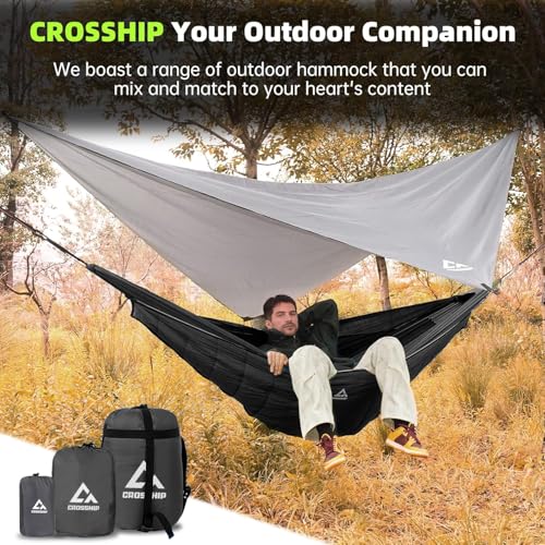 Image of Camping Hammock with Mosquito Net, Underquilt & Rain Fly Tarp - 2 Person Portable Hammock Set for Hiking, Backpacking, Travel, Backyard, Beach - Holds Up to 500lbs (Black)