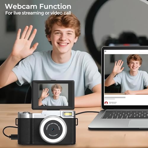 4K Digital Camera for Photography 64MP Vlogging Camera for YouTube with Flip Screen Point and Shoot Camera for Teens with Built-in LED Selfie Light Compact Camera for Beginners with Batteries