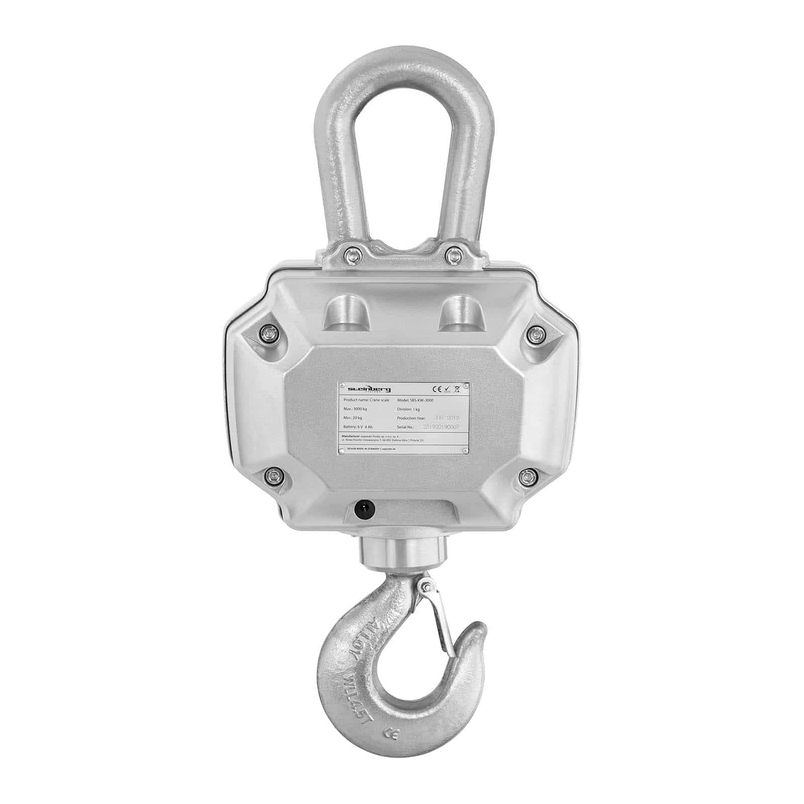 Steinberg Systems - Kranwaage Hängewaage (3 t / 1 kg, kg/lbs Gewichtseinheitenwechsel, Aluminiumdruckguss, Akku 6V/4Ah, LED) Silber