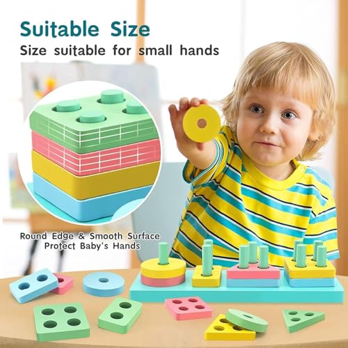 Image of SHINETOY ENTERTAIN KIDS Montessori Toys for 1-3 Year Old Boys Girls Toddlers, Wooden Sorting & Stacking Toys for Kids Preschool, Educational Building Blocks, Color Recognition Stacker Shape, 16 pcs