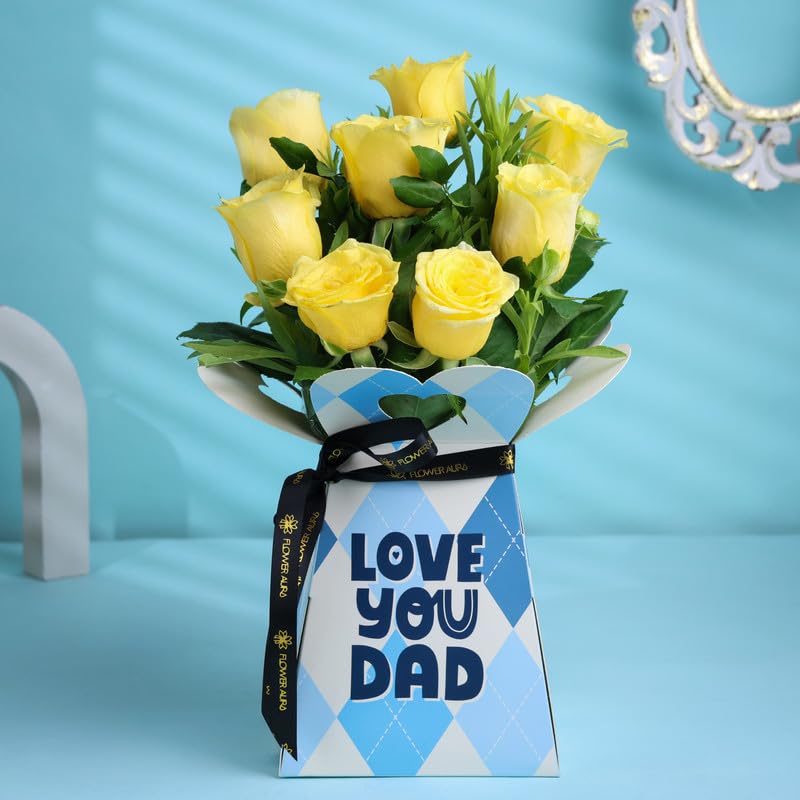 FlowerAura Premium Fresh Live Flower Bouquet of 8 Yellow Roses In Box For Birthday Gift & Father's Day Gift For Dad | Papa | Father-In-Law | Grandfather | Daddy | Appa | Baba (Same Day Delivery)-image-49