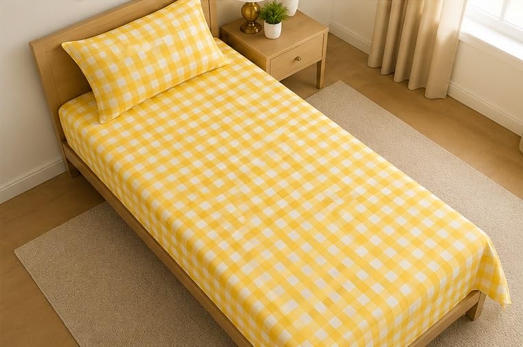 Image of Jashan 210 TC Premium Glace Cotton Comfort Elegent Design Bedsheet with Pillow Cover - Ultra Soft Cotton Single Bed Sheet for Daily Comfort - YellowCheck Elegent 60x90 Inche