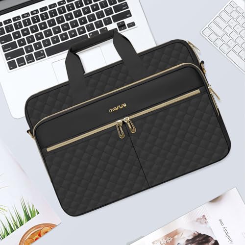 MOSISO Torba na laptopa 43.9 cm, teczka dla kobiet i mężczyzn, 43.2-43.9 cm, torba na laptopa, kwadratowa, pikowana, na komputer, do biura, podróży, biznesu, z 3 kieszeniami i paskiem, czarna