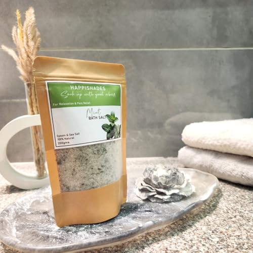 Image of Happishades Bath Salt | For Body & Foot Spa, Calming, Relaxing, Muscle Aches Pain Relief, Aromatherapy | Pure & Natural Epsom, Sea Salt & Essential Oils - 200 grams (Mint & Lemon)