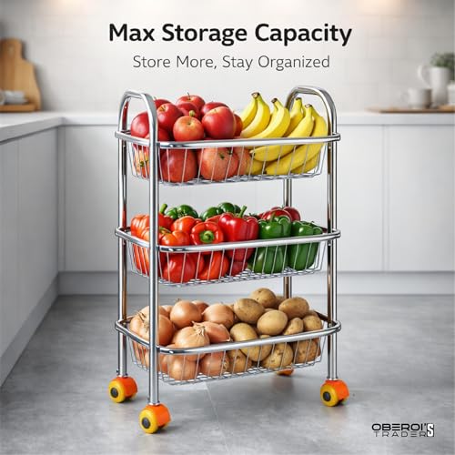 Image of OBEROI'S TRADERS Stainless Steel Vegetable & Fruit Storage Rack with Wheels, Kitchen Storage Basket Organizer, Rust Proof Stand for Onion, Potato, Fruits & Vegetables Trolley (3 Rack)