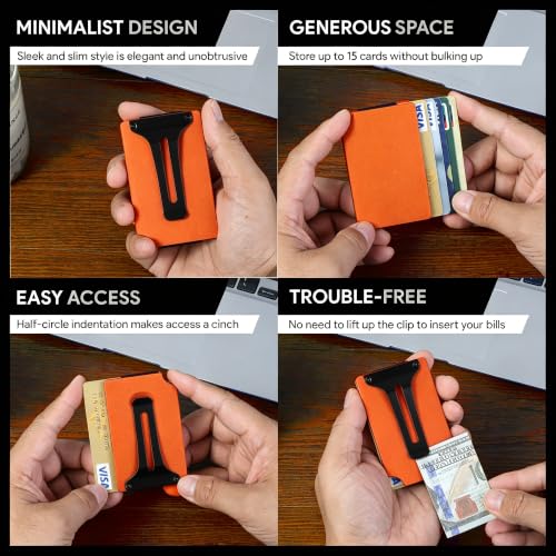 Image of Minimalist Wallet for Men, Slim Metal RFID Blocking Wallet Credit Card Holder Money Clip & Cash Strap, Scratch-Resistant Holds 15 Cards,Ideal Gift for Men | Matte Orange