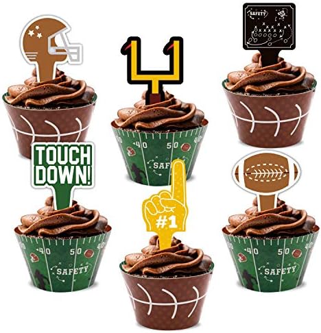24packs Football Cupcake Toppers and Wrappers Football Theme Birthday Sports Game Day SUPER BOWL Sunday Party Decoration Supplies