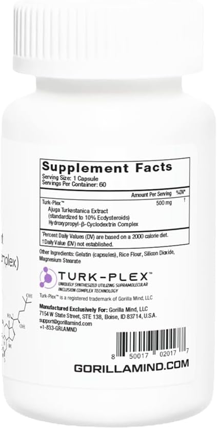 Gorilla Mind Turk-Plex™ (Turkesterone) - Complexed with Hydroxypropyl-β-Cyclodextrin for Enhanced Bioavailability (500 mg x 60 Capsules)