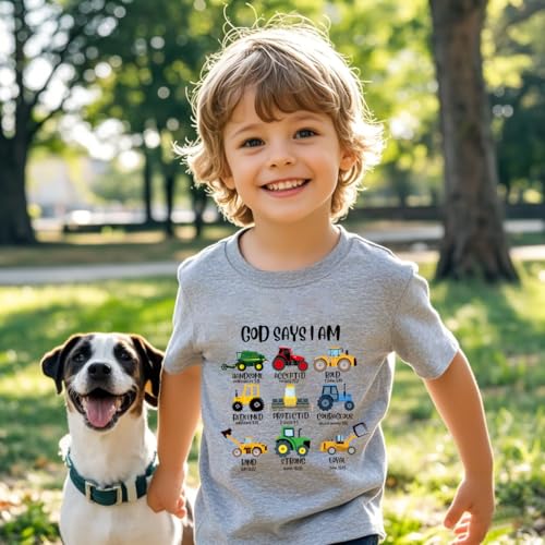 Kids Toddler Little Boys T-Shirt God Says I Am Construction Bible Verse Truck Excavator Tractor Shirt 2-7 Years2