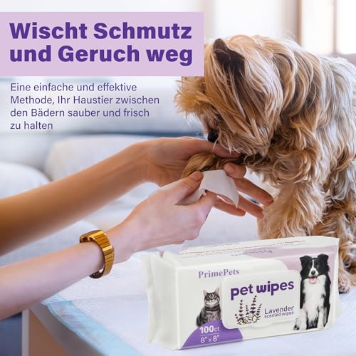 PrimePets Feuchttücher Hund 100 Stück, Pflegetücher Hund 20 x 20 cm, Lavendelduft, Katzen Feuchttücher zur Reinigung von Haut, Ohren, Augen, Po und Zähne