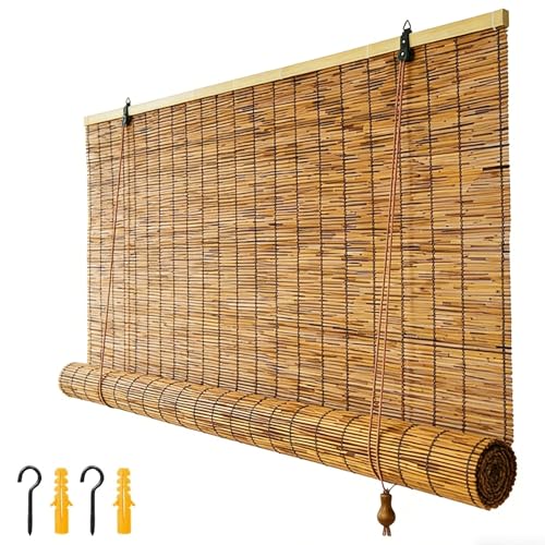 Retro Bamboo Roller Shades for Outdoor Patio, Waterproof Blackout Roll