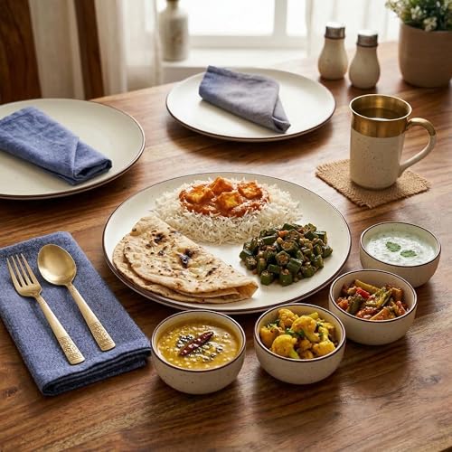 Image of The Earth Store Creme Matte Ceramic Dinner Set, 18 Pieces Includes 6 Full Dinner Plates & 12 Vegetable Bowls Microwave and Dishwasher Safe,Dinner Sets | Crockery Set for Gifting & Dining