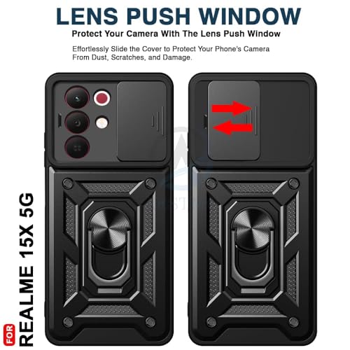 Image of Luxe Back Cover Compatible for Realme Narzo 90X 5G / Realme C85 5G / Realme 15X 5G | D10 Tough Armor Case | Sliding Camera Shield | 360 Protection | Kickstand Ring Holder | Military-Grade