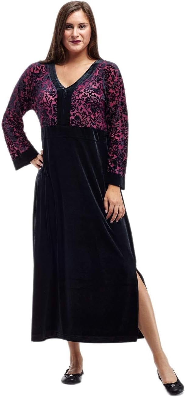 Women's Velour Gown, V-Neck, Pull-on, Long Sleeves, Side Slit, Machine Wash