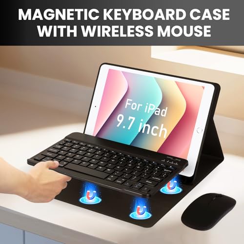 Image of SOPPY Bluetooth Keyboard Case with Mouse for iPad 6th /5th Generation, iPad Pro 9.7-inch, Air 1 /2, Detachable Wireless Keyboard with Pencil Holder, Slim Protective Cover, Rechargeable, US - Black