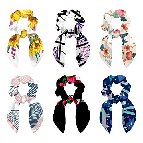 Écharpes à cheveux avec nœud en ruban (lot de 6) chouchous à rayures florales pour queue de cheval