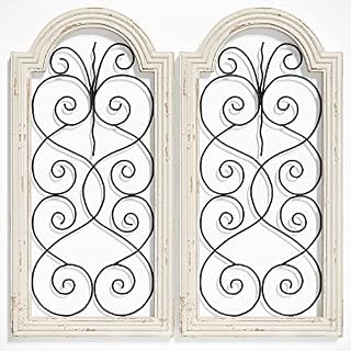 Barnyard Designs Rustic Wood and Metal Wall Decor, Large Decorative Wrought Iron Scroll Wall Art, Vintage Farmhouse Home Decor, 81.5 x 40.5cm, (Set of 2)