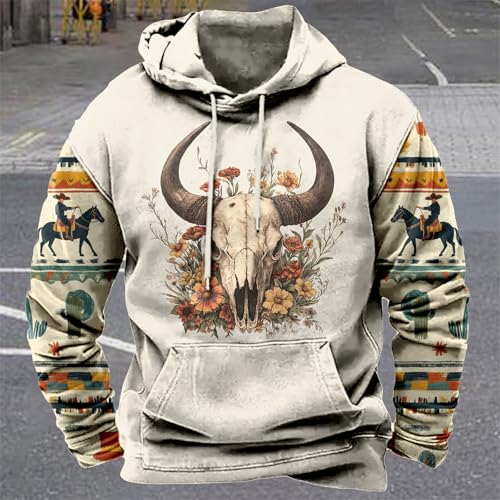 Image of domirica Hoodies For Men Western Cowboy Pullover Big And Tall Comfort Fashion Cool Novelty Graphic Hooded Sweatshirt
