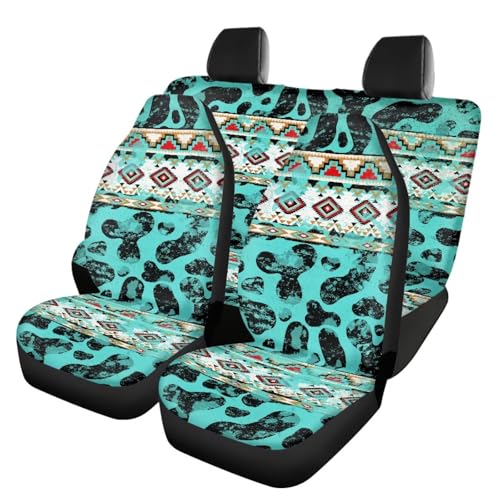 Howilath Western Aztec Tribal Auto Seat Covers Anti-Slip 4 Piece Green Cow Spot Front & Rear Car Seat Covers Interior Accessories Fit SUV Sedan Van