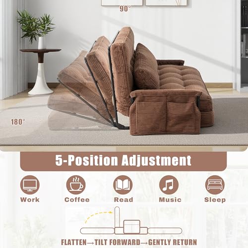Image of 5-Position Adjustable Floor Sofa Couch,Multi-Functional Bean Bag Bed,Foldable Lazy Sofa Sleeper Bed with Armrest,Ideal for Reading and Playing (Brown)