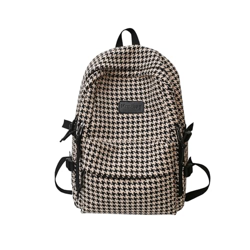 Mochila feminina xadrez vintage para laptop – Bolsa xadrez Houndstooth moderna estética com detalhes em couro, 【Marrom】, Large, Vintage