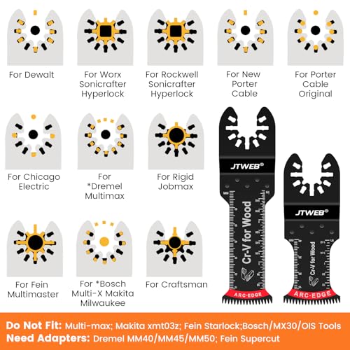 JTWEB Japanese Tooth Oscillating Saw Blades Wood, 12PCS Standard & Extra-Long Reach Arc Edge Multitool Blades Clean Cut for Wood, Plastic, Universal Power Oscillating Tool Blade Multi Tool Blades Kits