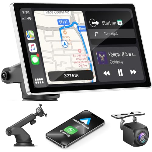 KMUTZY Portátil Radio Coche, Pantalla Carplay para A-pple CarPlay y Android Auto, 9 Pulgadas Táctil Pantalla con cámara retrovisora, Soporta Manos Libres/FM/Mirror Link/AUX con Navegación GPS