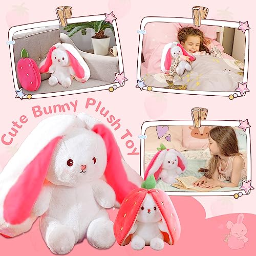 TOGETDREAM Osterhase Plüschtier, 25CM Karotte Erdbeer Kuscheltier Kawaii Hase Stofftier Hasen Verstecken Und Suchen Ausgestopftes Spielzeug Geburtstagsgeschenk für über12+ Kinder (Erdbeer)