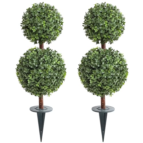 momoplant Artificial Topiary Double Ball Small Trees with Ground Spike 27 Inch Tall for Outdoor/Indoor [2 Pack] 2 Ft Faux Boxwood Plants