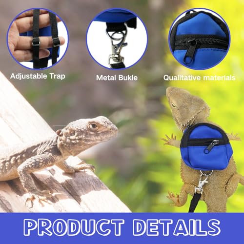 Image of Bearded Dragons Accessories Toy Lizard Backpack Leash Set Adjustable Strap and Mini Skateboard Suitable for Lizard Bearded Dragons Hamster Parrots Little Turtle Reptiles Small Animals (Blue)