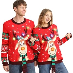 Ugly Christmas Sweater Women Men,Light Up Christmas Sweater for Couples,Funny Cute Reindeer LED Xmas Tacky Sweaters